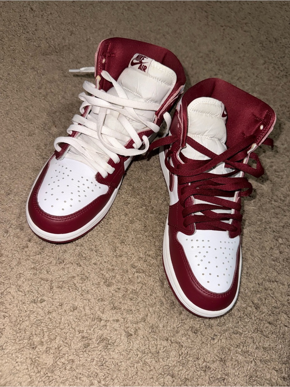 Jordan High-Top Sneakers in White and Burgundy - Picture 7 of 9